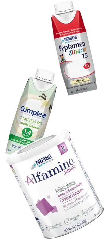 Peptamen Junior bottle, Compete standards plant based nutrition bottle, Alfamino Jurnior powder in a can